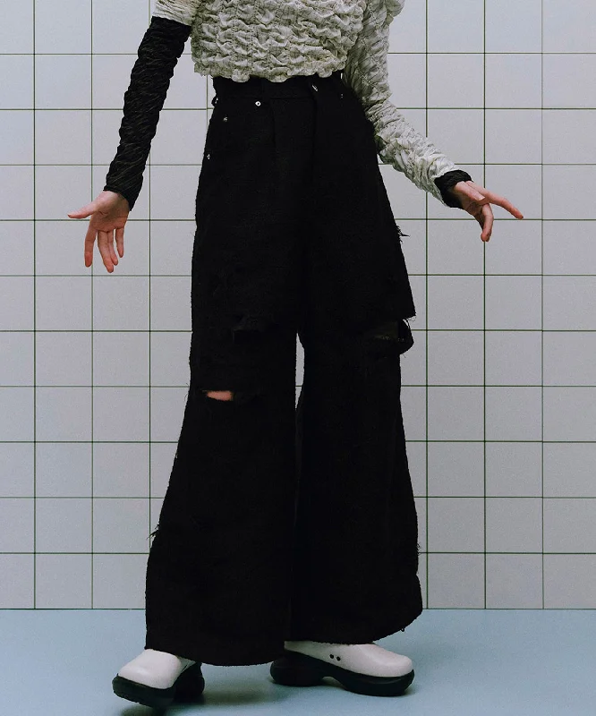 【SALE】Tweed Distressed Wide Pants Casual Track Pants