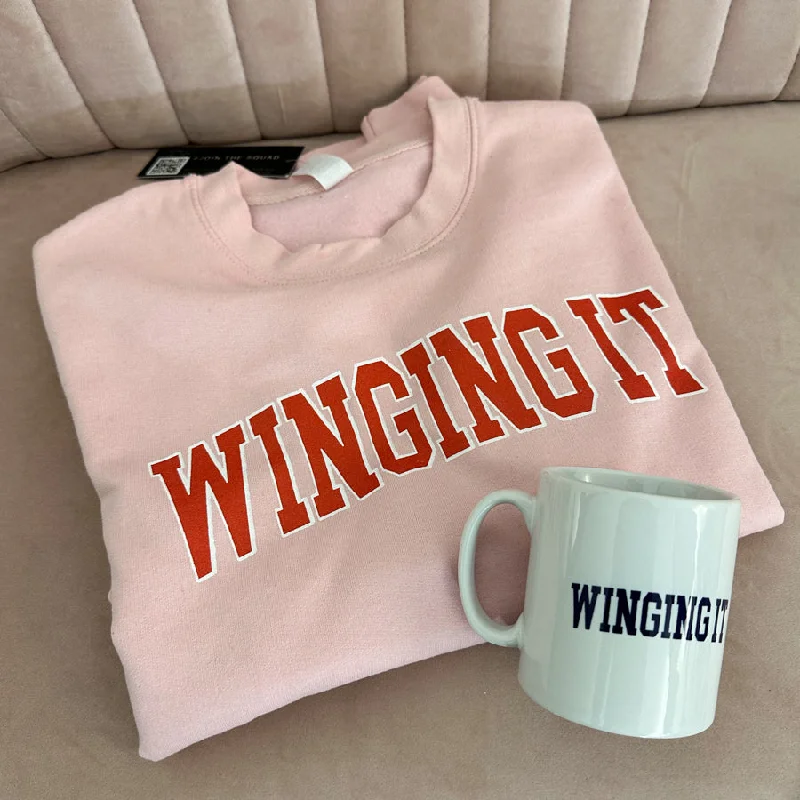 Winging It Varsity Pink Sweatshirt & Mug Gift Set Hoodie with Side Slits Relaxed Casual