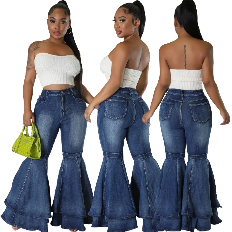 Wide Leg Washed Denim Bell-Bottom Pants (CL11307) Soft Cotton Pants