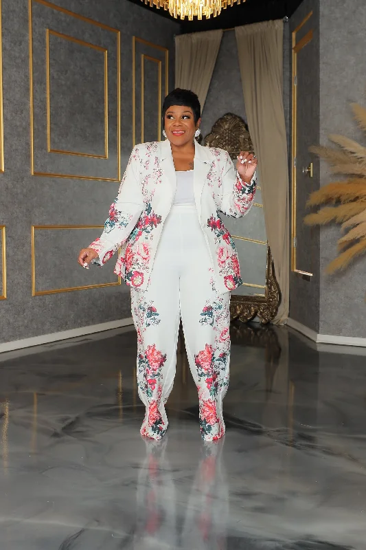 Ivory All Floral Pant Suit Slim Fit Casual Pants