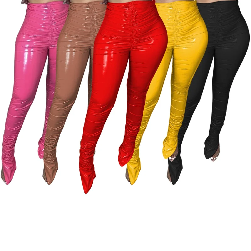 Crimp Slit Fleece-Lined PU Leather Pile Pants (CL11283) Lightweight Jogger Pants