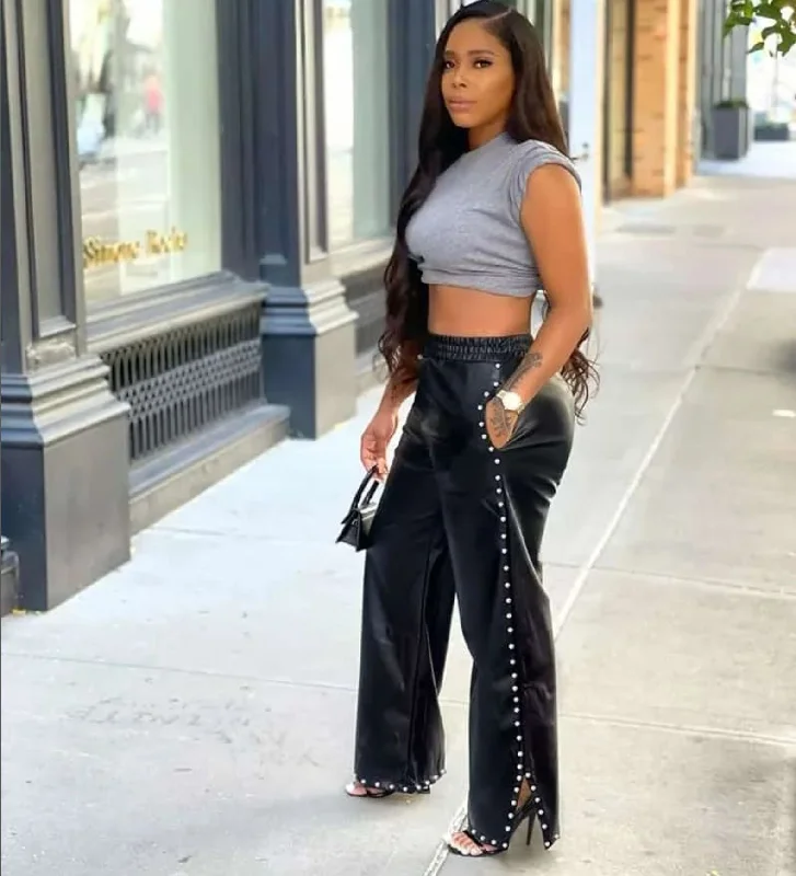 Solid color bubble bead loose wide leg pocket leather pants(CL12058) Trendy Velvet Pants Solid color bubble bead loose wide leg pocket leather pants(CL12058) Trendy Velvet Pants