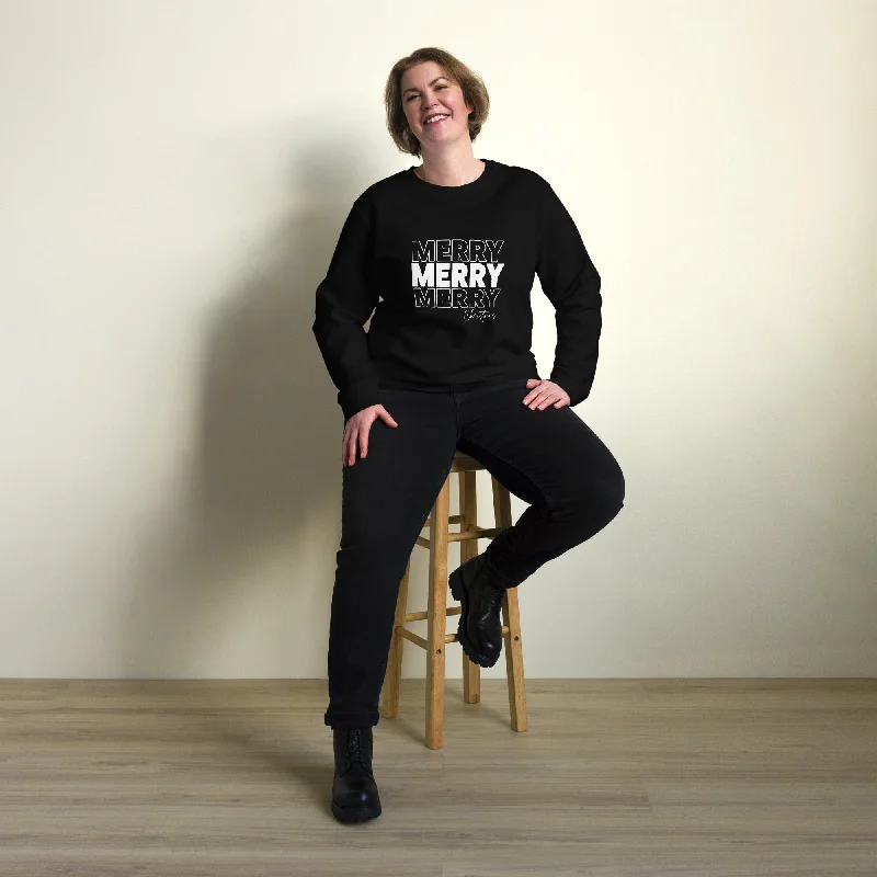 Merry Merry Merry Christmas Graphics Women Organic Sweatshirt Hoodie with Button Placket Classic Preppy