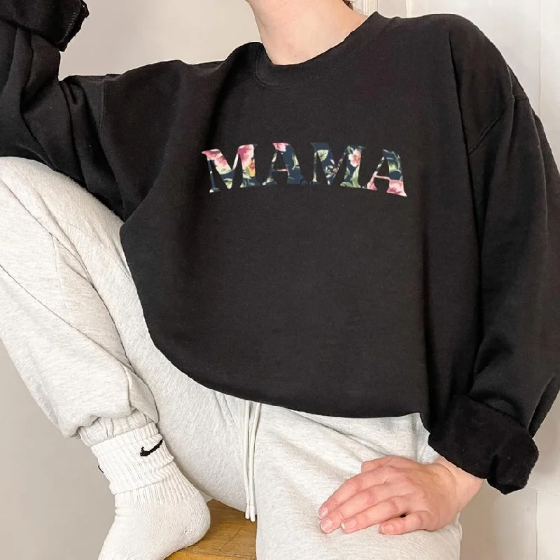 Mama Winter Floral Print Sweatshirt Hoodie with Rolled Sleeves Casual Relaxed