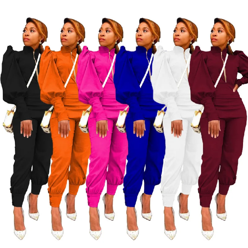 Solid puff sleeve zippered high-rise pants 2PC set (CL12056) Relaxed High-Waist Trousers Solid puff sleeve zippered high-rise pants 2PC set (CL12056) Relaxed High-Waist Trousers