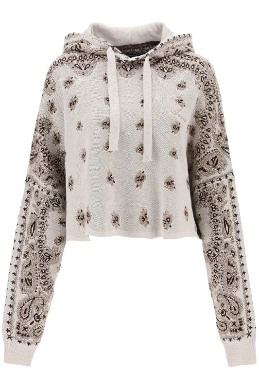 Knitted Cropped Hoodie With Bandana Motif  - Beige Hoodie with Belted Waist Structured Tailored