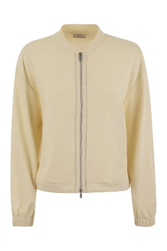 Cotton and linen zipped sweatshirt Hoodie with Tied Waist Feminine Flattering