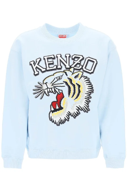 Tiger Varsity Crew-neck Sweatshirt - Light Blue Hoodie with Hem Raw Edge Edgy Unfinished Tiger Varsity Crew-neck Sweatshirt - Light Blue Hoodie with Hem Raw Edge Edgy Unfinished