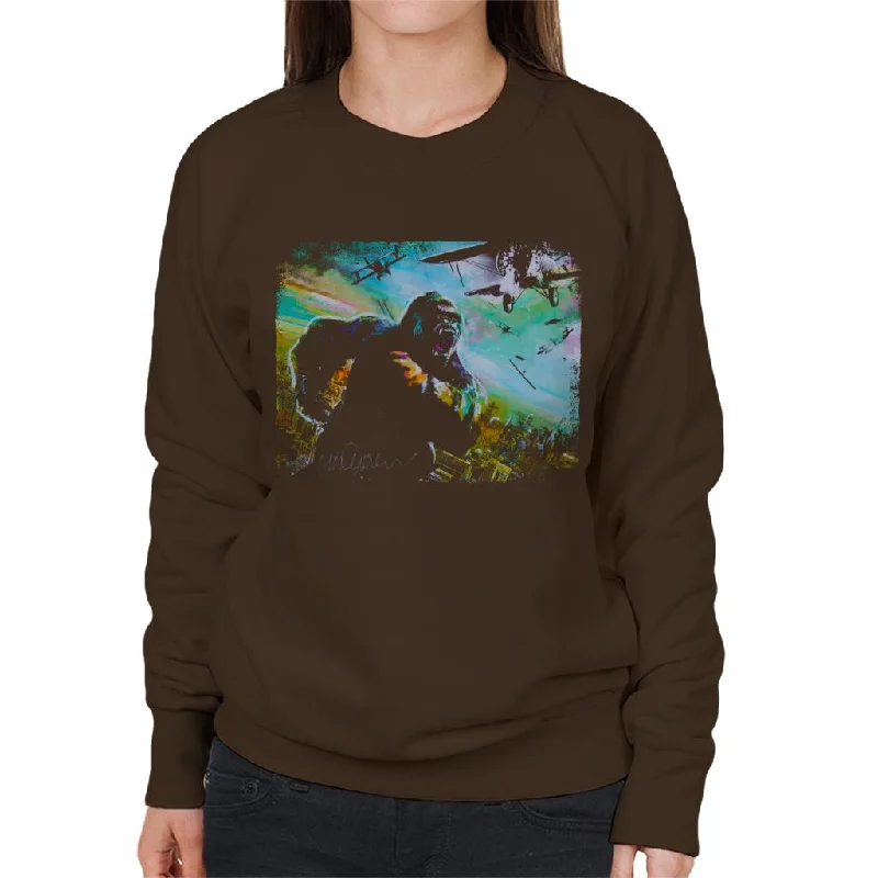 Sidney Maurer Original Portrait Of King Kong Vs Planes Women's Sweatshirt Hoodie with Slit Hem Functional Movement