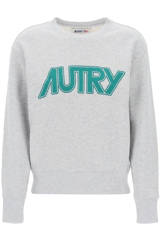 Sweatshirt With Maxi Logo Print  - Grey Hoodie with Exposed Zipper Edgy Industrial