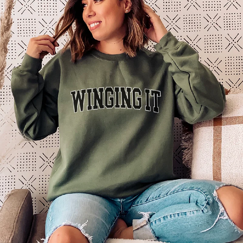 Winging It Varsity Sweatshirt Zip Hoodie Drawstring Kangaroo Pocket