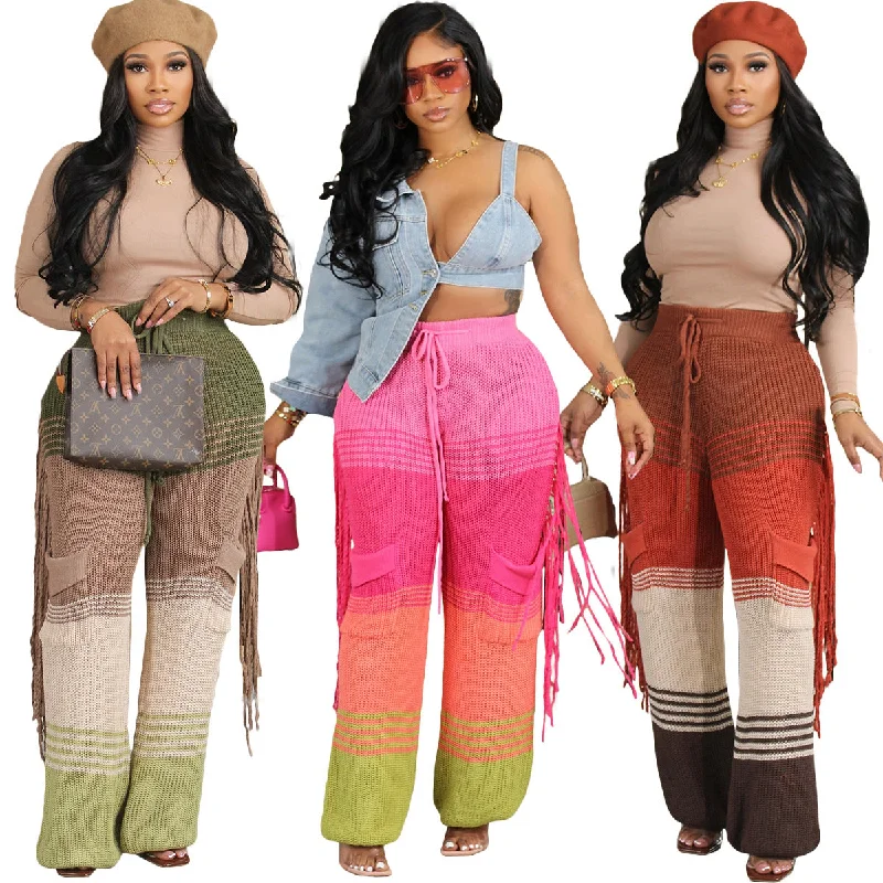 Casual knit colour-block hand-hooked tassels for loose straight-leg pants(CL12011) Elegant High-Waist Pants Casual knit colour-block hand-hooked tassels for loose straight-leg pants(CL12011) Elegant High-Waist Pants