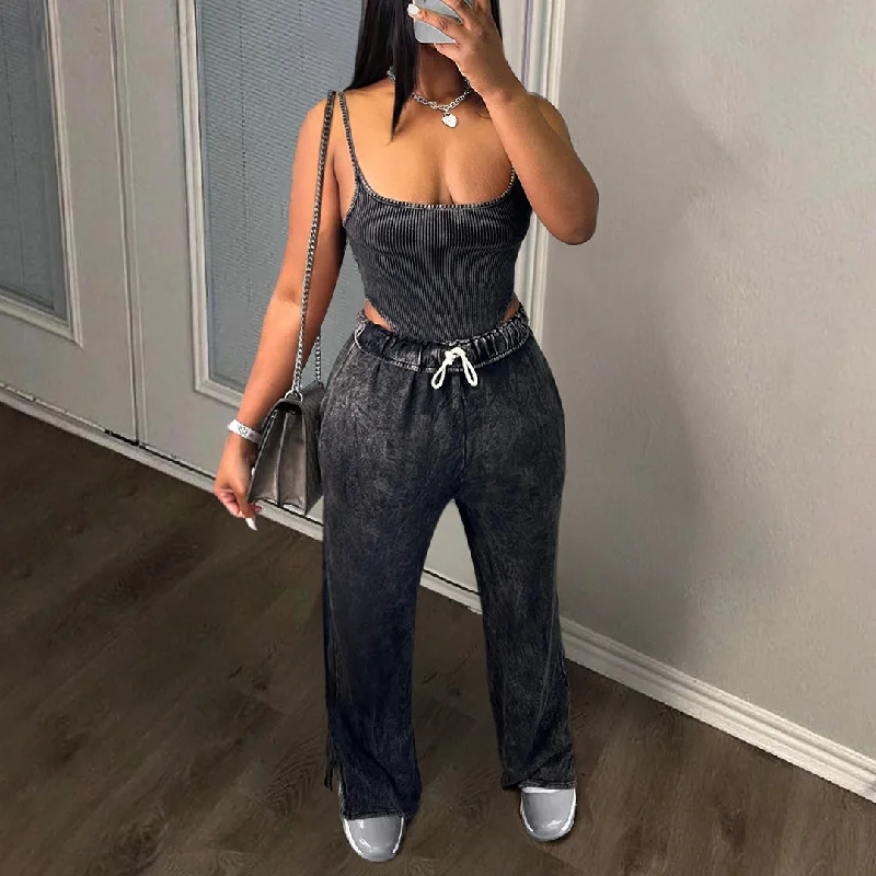 Sling Pit Top Elastic Waist Split Wide Leg Pants Set(CL12059) High-Waist Jogger Pants Sling Pit Top Elastic Waist Split Wide Leg Pants Set(CL12059) High-Waist Jogger Pants