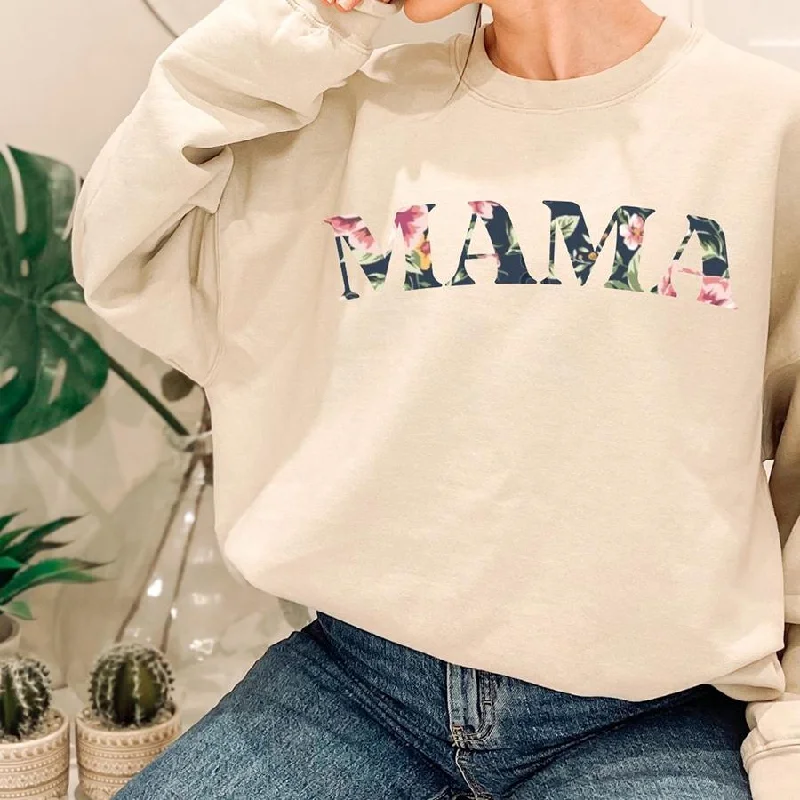 Mama Winter Floral Print Sweatshirt Hoodie with Patch Decorative Personalized
