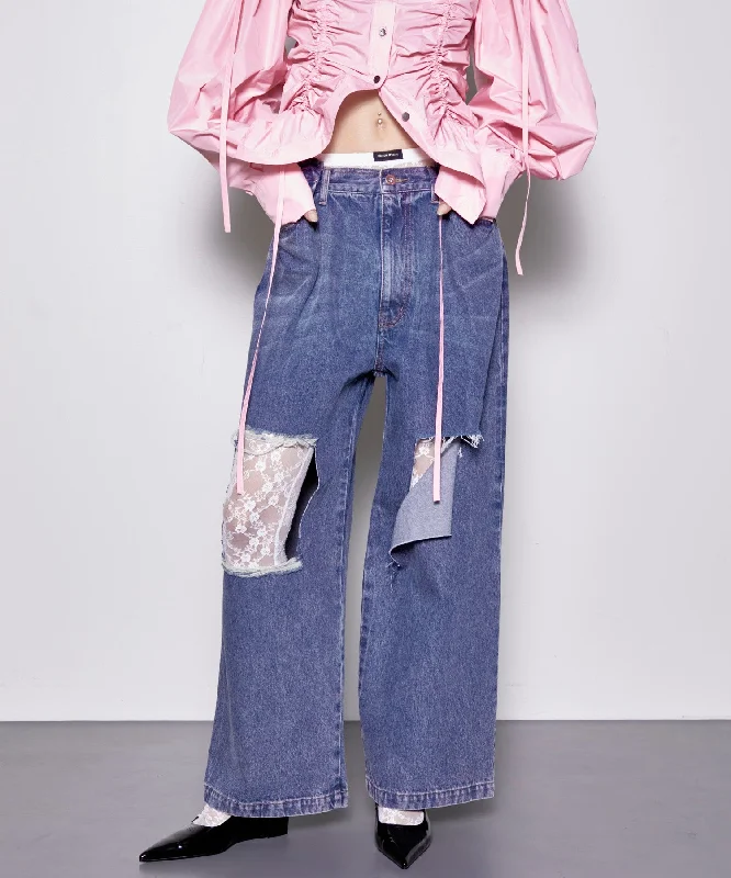【SALE】Square Cut Denim Pants Trendy High-Waist Trousers