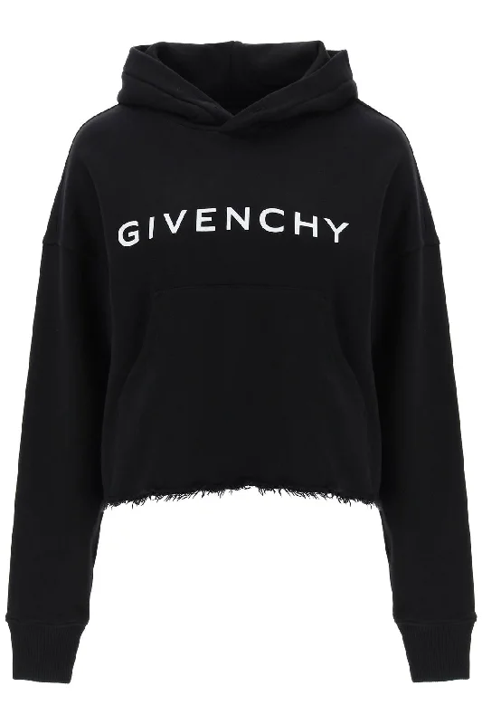 Cropped Hoodie With Logo Print  - Black Hoodie with Velcro Closure Adjustable Secure