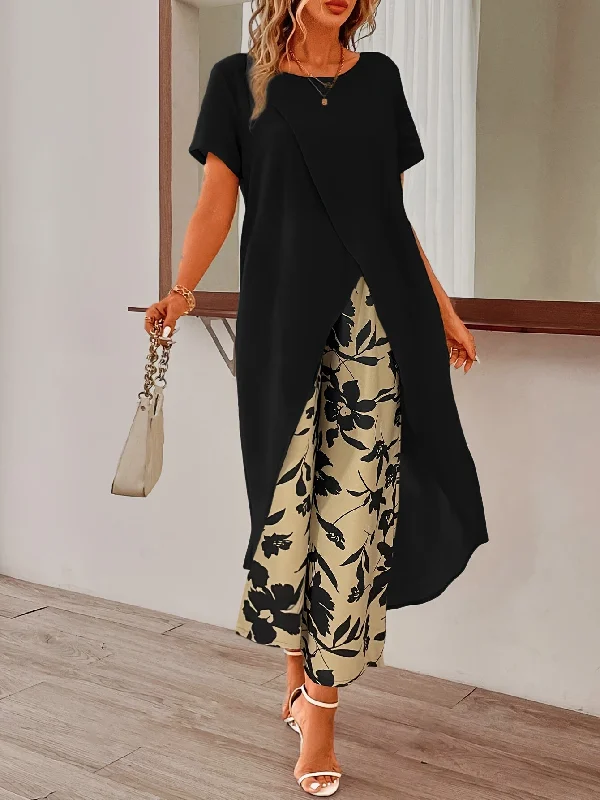 Womens Elegant Pants Set - Stylish Solid Color with Asymmetrical Hem Design, Comfortable Crew Neck Short Sleeve Top, Vibrant Floral Print Pants - Perfect for Spring and Summer Seasons, Complete Outfits for a Stylish Ensemble Lightweight Jogger Pants Womens Elegant Pants Set - Stylish Solid Color with Asymmetrical Hem Design, Comfortable Crew Neck Short Sleeve Top, Vibrant Floral Print Pants - Perfect for Spring and Summer Seasons, Complete Outfits for a Stylish Ensemble Lightweight Jogger Pants