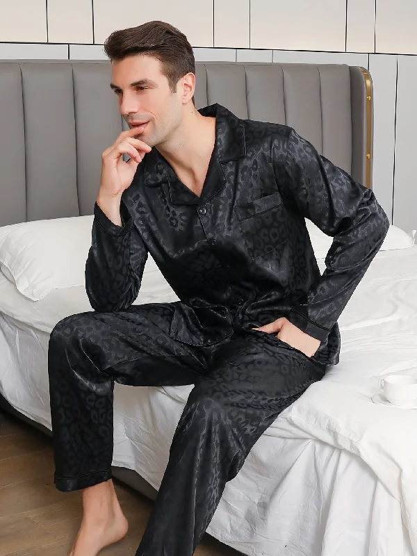 Mens Fashion Leopard Print Pajama Set - Cozy Long Sleeve Lapel Top & Loose Pants - Comfortable Outdoor-Ready Sleepwear for Spring Autumn Trendy Wide-Leg Pants Mens Fashion Leopard Print Pajama Set - Cozy Long Sleeve Lapel Top & Loose Pants - Comfortable Outdoor-Ready Sleepwear for Spring Autumn Trendy Wide-Leg Pants