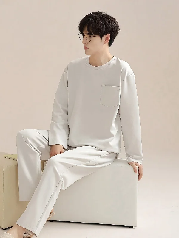 Men's Simple Style Cotton Casual Pajamas Sets, Solid Long Sleeve Crew Neck Top & Loose Pants Lounge Wear, Outdoor Sets For Spring Autumn Stylish Paperbag Waist Pants Men's Simple Style Cotton Casual Pajamas Sets, Solid Long Sleeve Crew Neck Top & Loose Pants Lounge Wear, Outdoor Sets For Spring Autumn Stylish Paperbag Waist Pants