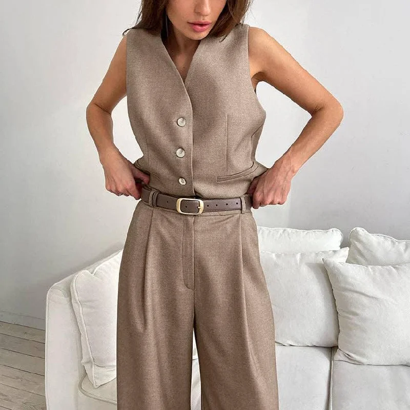 V-Neck Splice Vest Straight Leg Pants Ladies Set 2TZ2412 Fashionable Button-Up Pants V-Neck Splice Vest Straight Leg Pants Ladies Set 2TZ2412 Fashionable Button-Up Pants