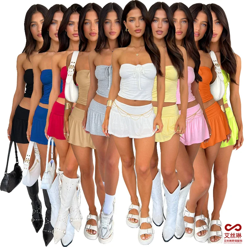 Gl6717 Cross-Border Supply European and American Women's Clothing Fashion Sexy Tube Top Pleating Double-Layer Pantskirt Two-Piece Set High-Waist Jogger Pants Gl6717 Cross-Border Supply European and American Women's Clothing Fashion Sexy Tube Top Pleating Double-Layer Pantskirt Two-Piece Set High-Waist Jogger Pants