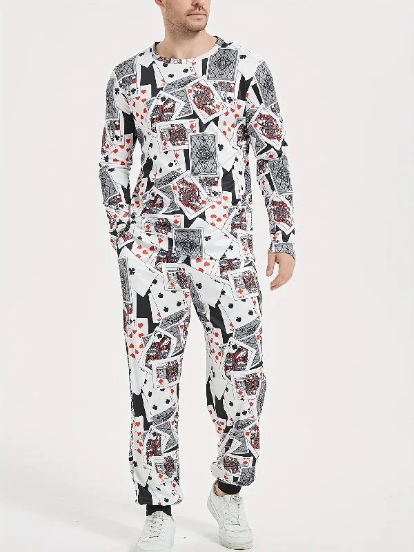 Men's Trendy Poker Print Casual Pajamas Sets, Long Sleeve Crew Neck Top & Loose Pants With Drawstrings Home Pajamas Sets, Outdoor Sports Wear Soft Cotton Pants Men's Trendy Poker Print Casual Pajamas Sets, Long Sleeve Crew Neck Top & Loose Pants With Drawstrings Home Pajamas Sets, Outdoor Sports Wear Soft Cotton Pants