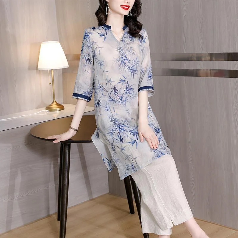 Fashion Casual Set Women's Summer New Chinese Style Retro an Ink Painting of Bamboo Printed Top Wide Leg Pants Two-Piece Set Modern Skinny Pants Fashion Casual Set Women's Summer New Chinese Style Retro an Ink Painting of Bamboo Printed Top Wide Leg Pants Two-Piece Set Modern Skinny Pants