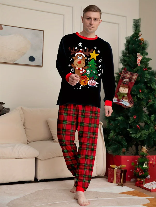 Men's Trendy Casual Christmas Pajamas Sets, Deer Elk Christmas Tree Antler Graphic Print Long Sleeve Crew Neck Top & Loose Pants Lounge Wear Comfy Athletic Pants Men's Trendy Casual Christmas Pajamas Sets, Deer Elk Christmas Tree Antler Graphic Print Long Sleeve Crew Neck Top & Loose Pants Lounge Wear Comfy Athletic Pants