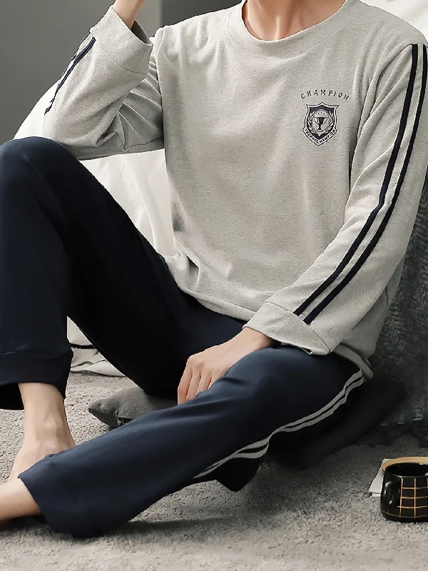 Men's Simple Style Casual Cotton Pajamas Sets, Letter Graphic Print Striped Long Sleeve Crew Neck Top & Loose Pants Lounge Wear, Outdoor Sets For Spring Autumn Cozy Lounge Pants Men's Simple Style Casual Cotton Pajamas Sets, Letter Graphic Print Striped Long Sleeve Crew Neck Top & Loose Pants Lounge Wear, Outdoor Sets For Spring Autumn Cozy Lounge Pants