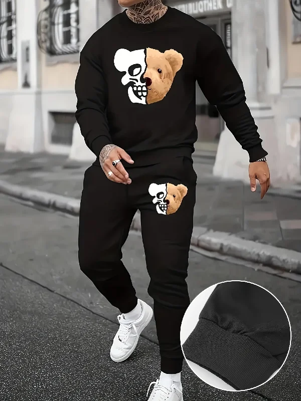 Mens Bear Graphic Comfort Sleepwear Set - Cozy Cotton Blend, Long Sleeve Crew Neck Top & Loose Pants with Pockets, Elastic Waist for Spring Autumn Outdoors Comfortable Cargo Pants Mens Bear Graphic Comfort Sleepwear Set - Cozy Cotton Blend, Long Sleeve Crew Neck Top & Loose Pants with Pockets, Elastic Waist for Spring Autumn Outdoors Comfortable Cargo Pants