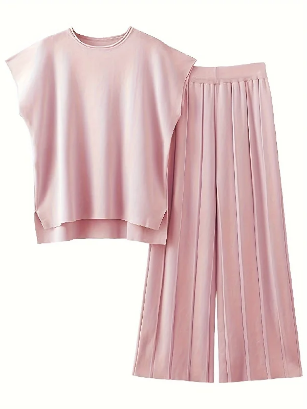 Flattering Womens Solid Color Two-Piece Outfit - Cap Sleeve Crew Neck Top with Split Hem & Flowy Wide Leg Pants - Stylish Casual Wear for Everyday Elegance Formal Wide-Leg Pants Flattering Womens Solid Color Two-Piece Outfit - Cap Sleeve Crew Neck Top with Split Hem & Flowy Wide Leg Pants - Stylish Casual Wear for Everyday Elegance Formal Wide-Leg Pants