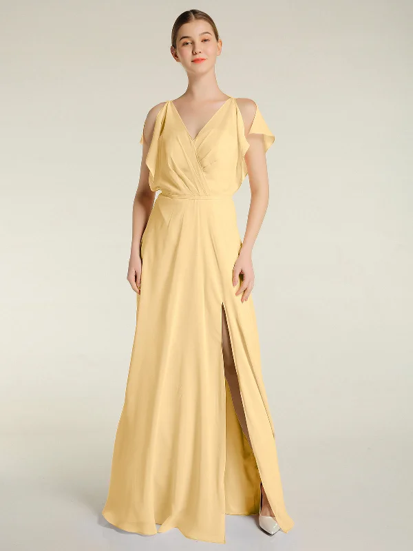 V Neckline Chiffon Maxi Dresses with Slit Gold Chic Sleeveless Maxi Dress