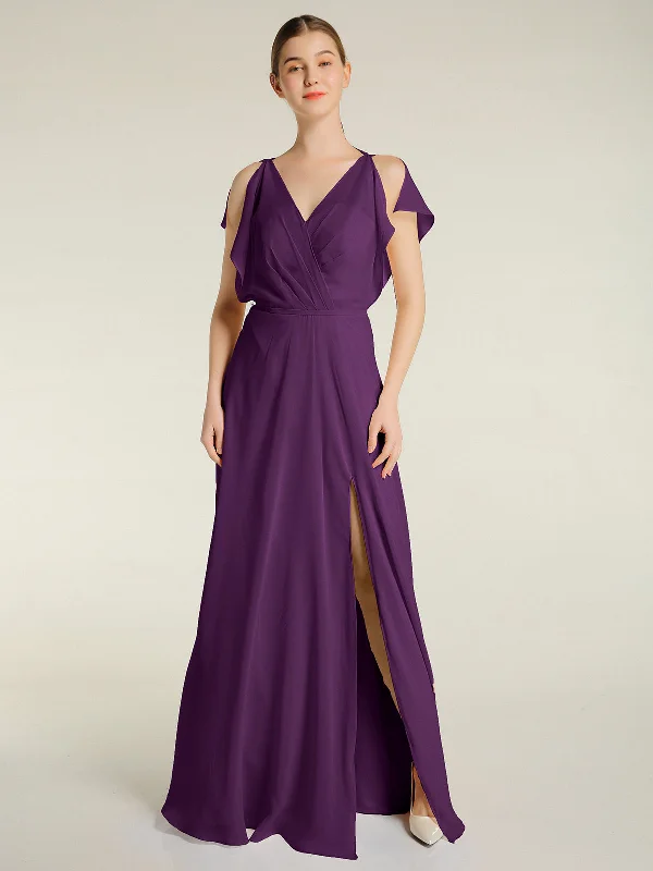 V Neckline Chiffon Maxi Dresses with Slit Grape Fashionable Chiffon Tiered Maxi Dress V Neckline Chiffon Maxi Dresses with Slit Grape Fashionable Chiffon Tiered Maxi Dress