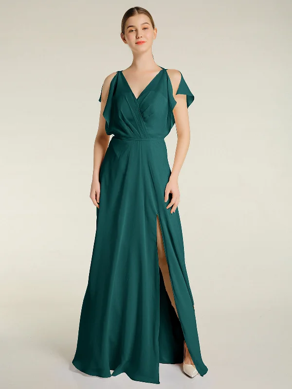 V Neckline Chiffon Maxi Dresses with Slit Peacock Chic Summer Maxi Dress