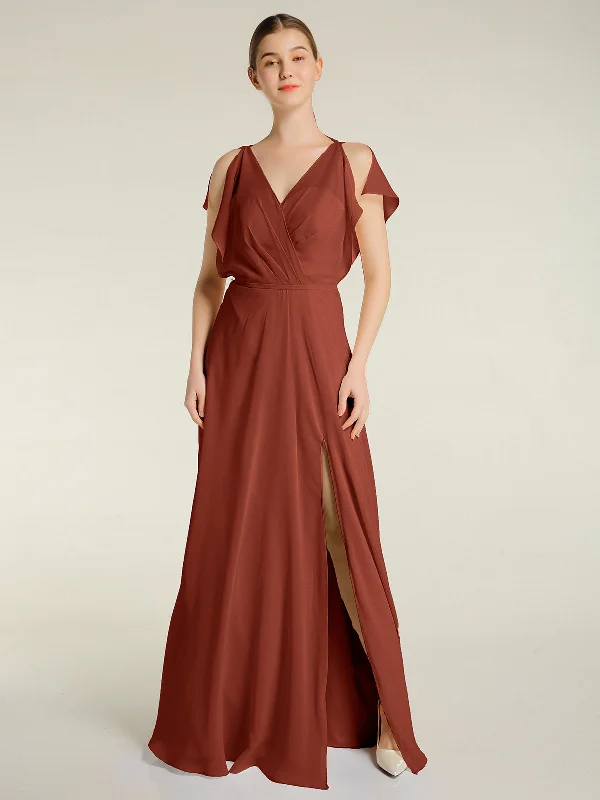 V Neckline Chiffon Maxi Dresses with Slit Rust Elegant Pleated Maxi Dress