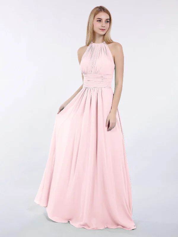Halter Chiffon Maxi Dress of Bridesmaid Blushing Pink Trendy Button Front Maxi Dress Halter Chiffon Maxi Dress of Bridesmaid Blushing Pink Trendy Button Front Maxi Dress