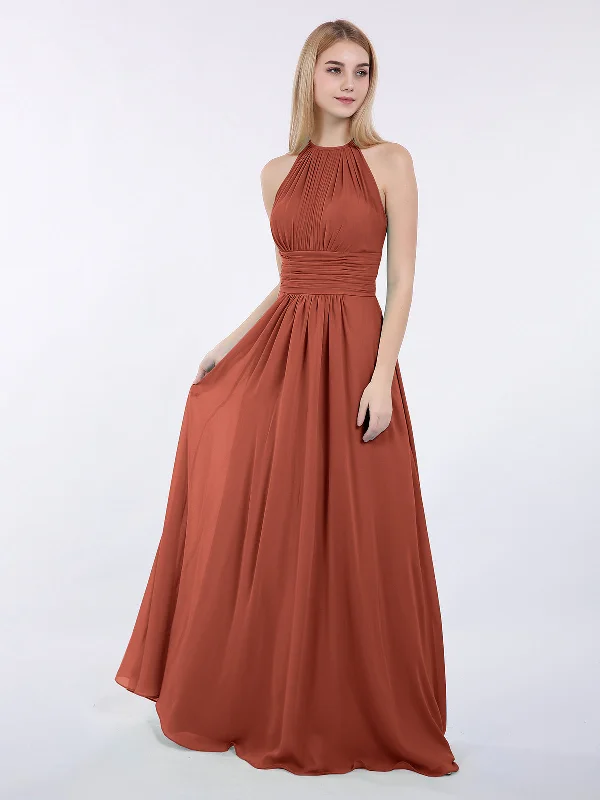Halter Chiffon Maxi Dress of Bridesmaid Rust Elegant Maxi Dress with Ruffles