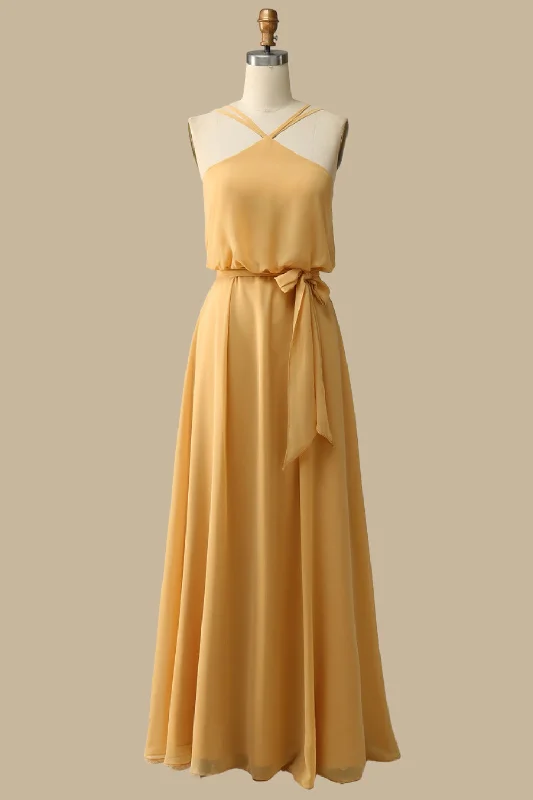 Blouson-Style Halter Chiffon Maxi Dress in Mustard Yellow Stylish Button-Up Maxi Dress Blouson-Style Halter Chiffon Maxi Dress in Mustard Yellow Stylish Button-Up Maxi Dress
