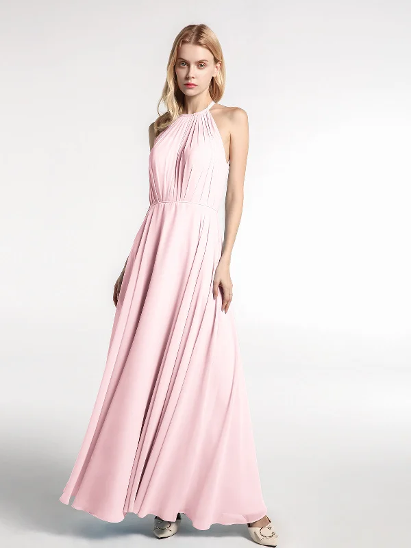 Halter Neck Chiffon Maxi Dress with Circle Skirt-Blushing Pink Comfortable Fit-and-Flare Maxi Dress Halter Neck Chiffon Maxi Dress with Circle Skirt-Blushing Pink Comfortable Fit-and-Flare Maxi Dress