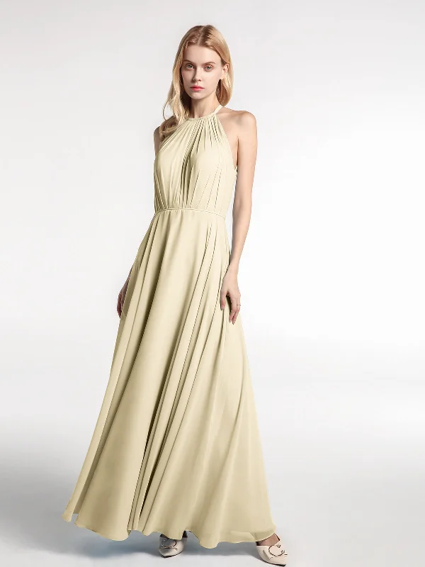 Halter Neck Chiffon Maxi Dress with Circle Skirt-Champagne Classic A-Line Maxi Dress Halter Neck Chiffon Maxi Dress with Circle Skirt-Champagne Classic A-Line Maxi Dress