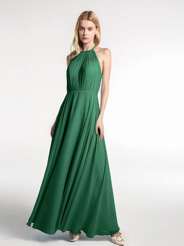 Halter Neck Chiffon Maxi Dress with Circle Skirt-Dark Green Elegant Lace Maxi Dress