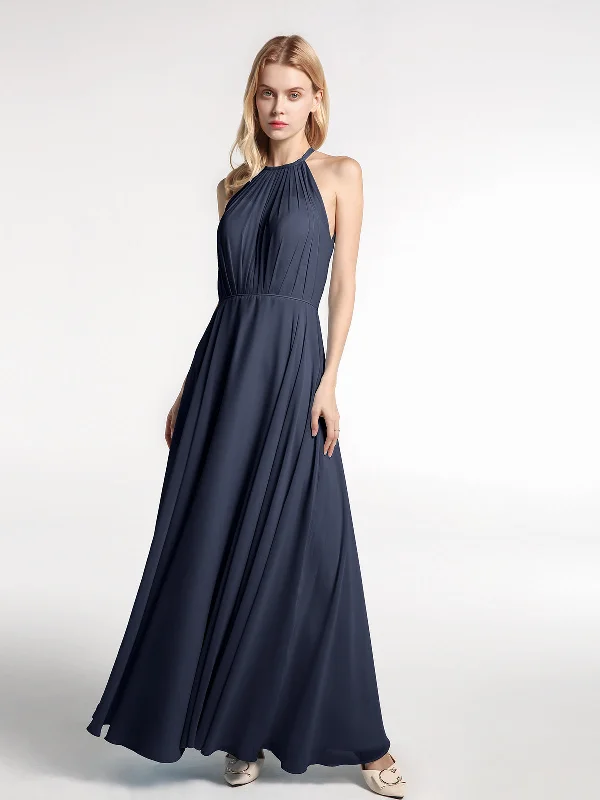 Halter Neck Chiffon Maxi Dress with Circle Skirt-Dark Navy Cozy Ruffle Sleeve Maxi Dress Halter Neck Chiffon Maxi Dress with Circle Skirt-Dark Navy Cozy Ruffle Sleeve Maxi Dress