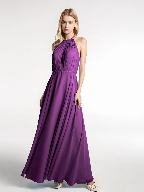 Halter Neck Chiffon Maxi Dress with Circle Skirt-Grape Trendy Fit-and-Flare Maxi Dress Halter Neck Chiffon Maxi Dress with Circle Skirt-Grape Trendy Fit-and-Flare Maxi Dress