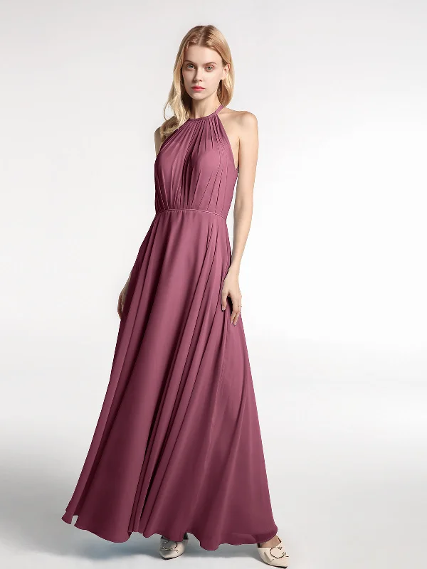 Halter Neck Chiffon Maxi Dress with Circle Skirt-Mulberry Trendy A-Line Maxi Dress