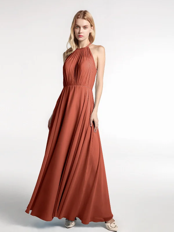 Halter Neck Chiffon Maxi Dress with Circle Skirt-Rust Fashionable Button-Down Maxi Dress Halter Neck Chiffon Maxi Dress with Circle Skirt-Rust Fashionable Button-Down Maxi Dress
