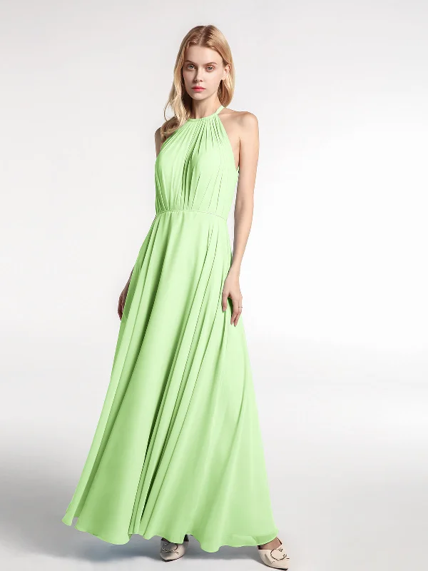 Halter Neck Chiffon Maxi Dress with Circle Skirt-Sage Stylish Maxi Dress with Pleats Halter Neck Chiffon Maxi Dress with Circle Skirt-Sage Stylish Maxi Dress with Pleats
