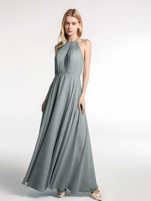 Halter Neck Chiffon Maxi Dress with Circle Skirt-Steel Grey Classic Tulle Maxi Dress Halter Neck Chiffon Maxi Dress with Circle Skirt-Steel Grey Classic Tulle Maxi Dress