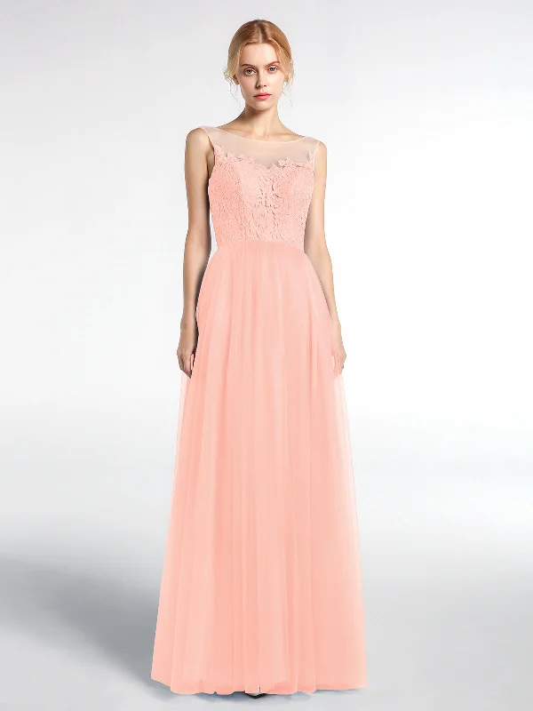Illusion Neckline Lace and Tulle Maxi Dress-Coral Comfortable Ruffle Hem Maxi Dress