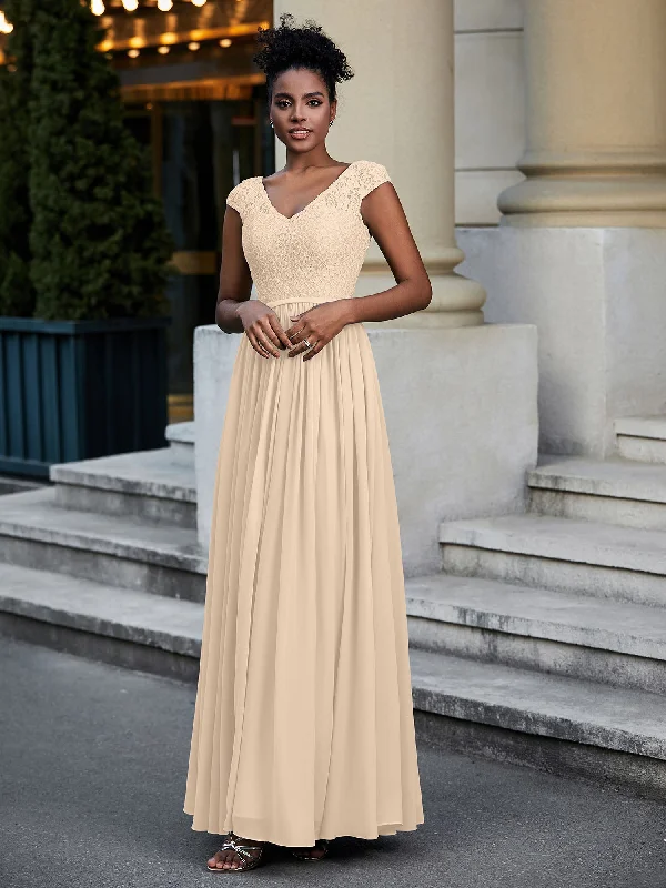 Lace and Chiffon Maxi Dress with Cap Sleeves-Champagne Fashionable Chiffon Tiered Maxi Dress Lace and Chiffon Maxi Dress with Cap Sleeves-Champagne Fashionable Chiffon Tiered Maxi Dress