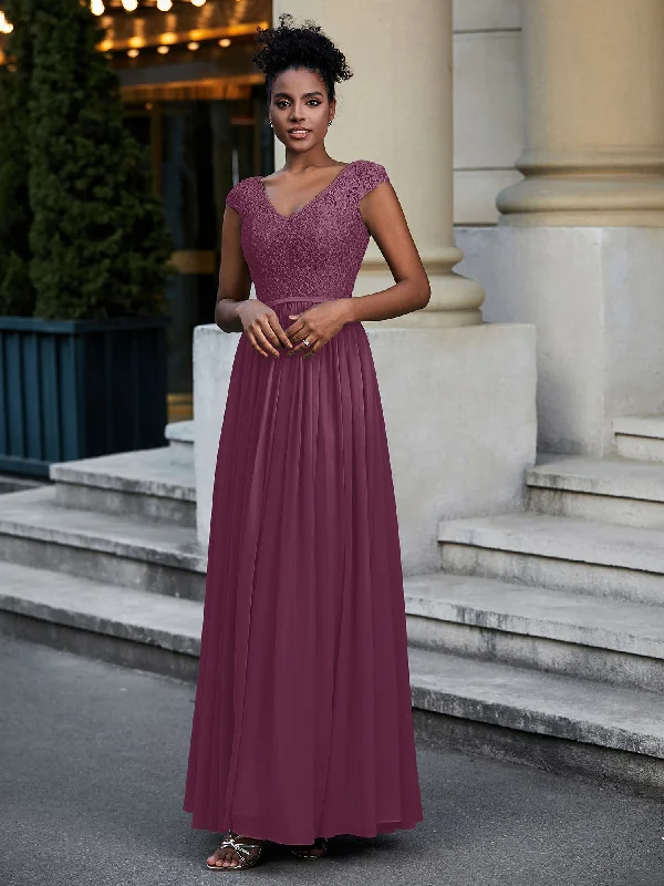Lace and Chiffon Maxi Dress with Cap Sleeves-Mulberry Comfortable Pleated Maxi Dress Lace and Chiffon Maxi Dress with Cap Sleeves-Mulberry Comfortable Pleated Maxi Dress